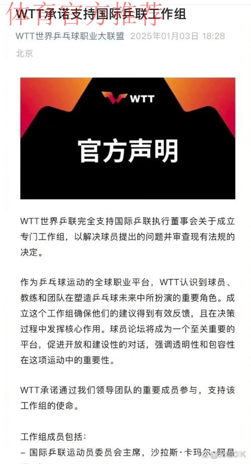WTT世界乒联支持国际乒联成立专门工作组